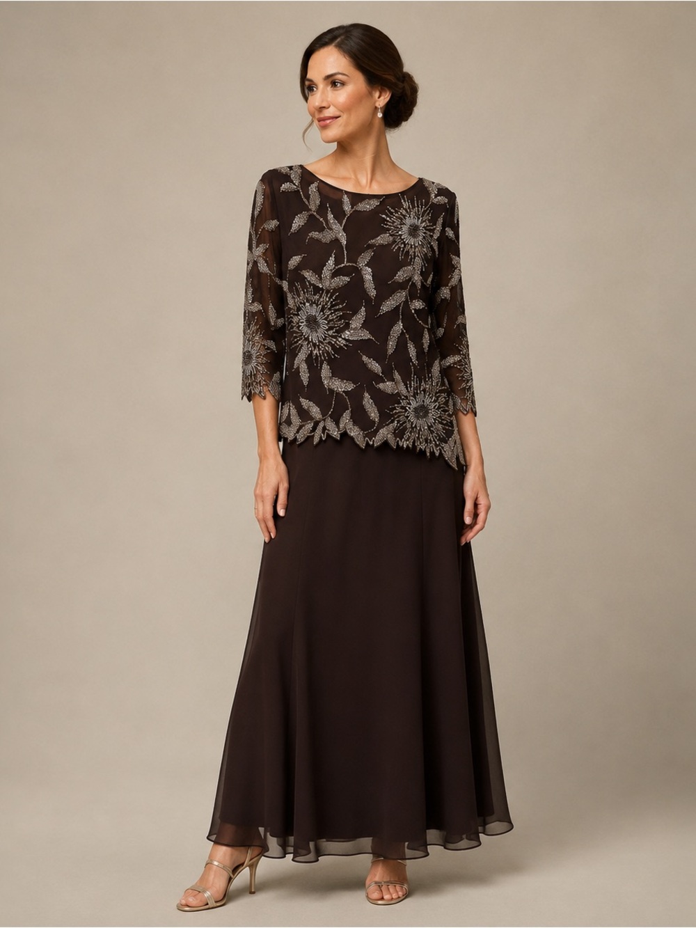 J Kara Brown Long Sleeve Beaded Evening Gown with Silver Embellishment